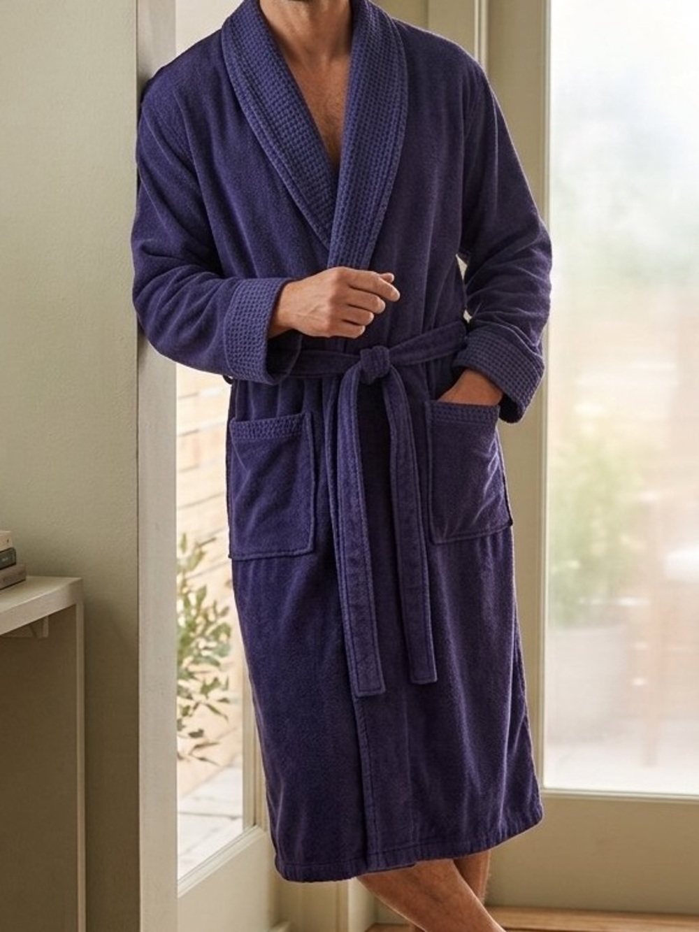 Leicht Velours Navy Blue Cotton Terry Cloth Robe XL Thick Spa Bathrobe Belted